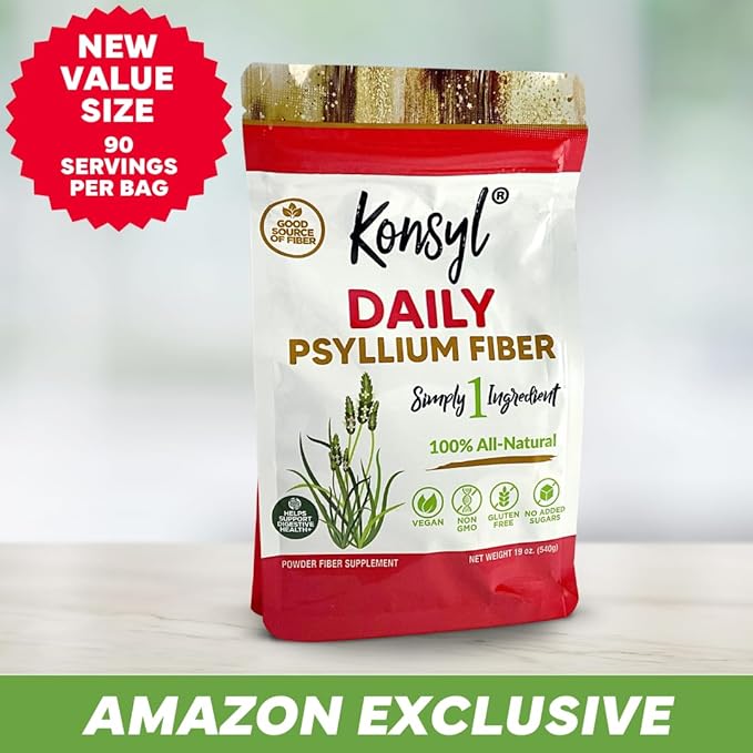 Konsyl Daily Psyllium Fiber Powder - 19oz 90 Servings Natural Unflavored Soluble Dietary Fiber Supplement - Psyllium Husk Prebiotic for Digestive Support and Gut Health - Sugar Free Keto &amp Vega