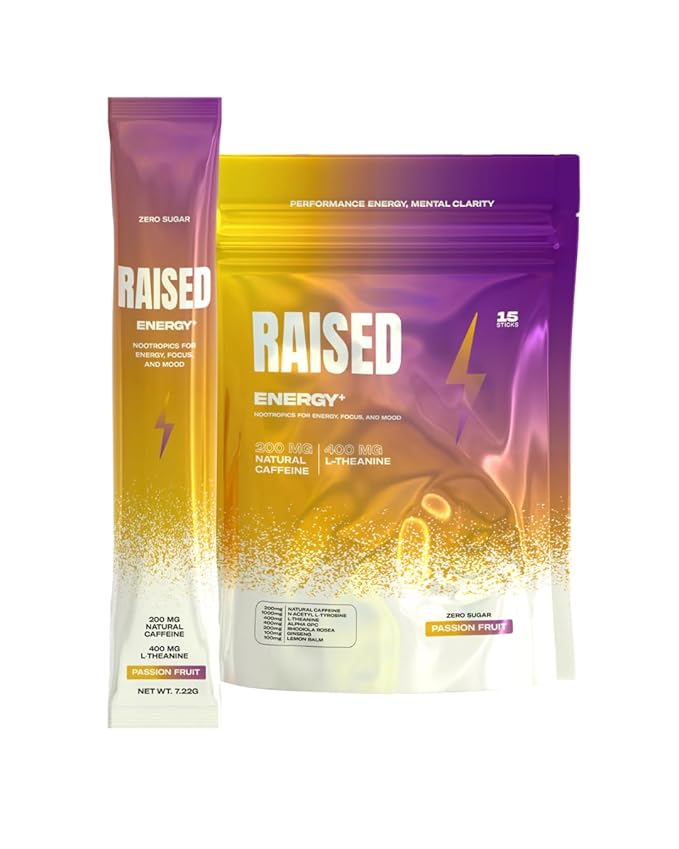 Raised Energy+ Nootropic Drink Mix | 200mg Natural Caffeine + L-Theanine | Zero Sugar | Clean Energy Powder for Focus Mood &amp Motivation | 15 Stick Packs | Passion Fruit Flavor
