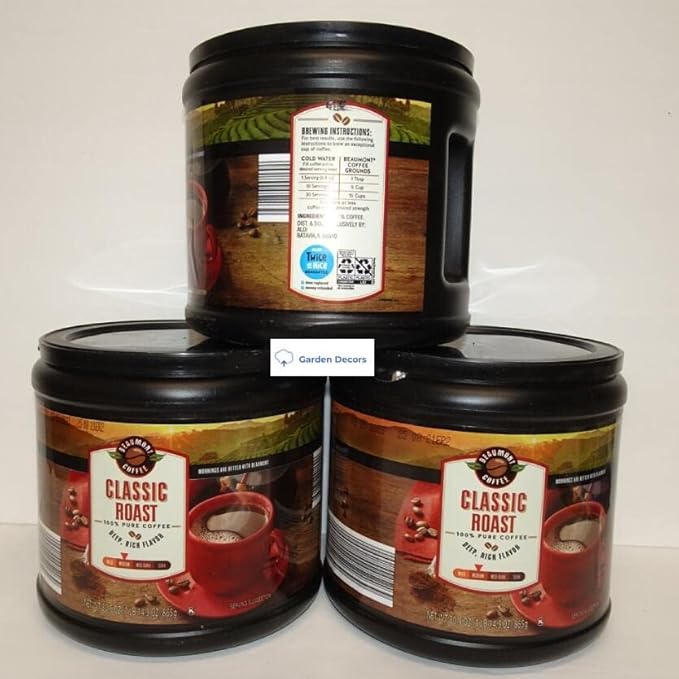 Ground Beaumont Coffee Classic Medium Roast 100% Pure Coffee Deep Rich Flavor 30.5oz 865g (Three Tubs)