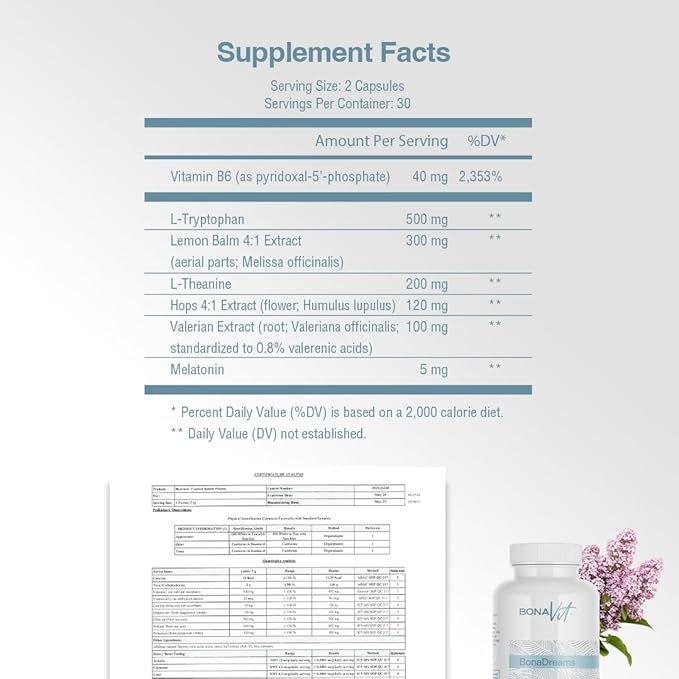Natural Sleep Aid - with Melatonin 5mg Valerian L-Tryptophan &amp L-Theanine - Sleep and Wellness Supplement - Natural Vegan Supplement with no Additives - 30 Servings - BonaDreams