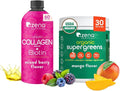 Zena Nutrition Liquid Collagen Peptides and Biotin Mixed Berry 20.3 Fl Oz + Organic Supergreens Greens Powder 70+ Superfoods Mango 30 Servings