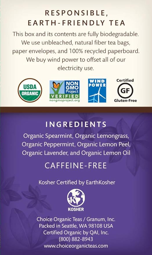 Choice Organic Teas Herbal Tea 16 Tea Bags Lemon Lavender Mint Caffeine Free