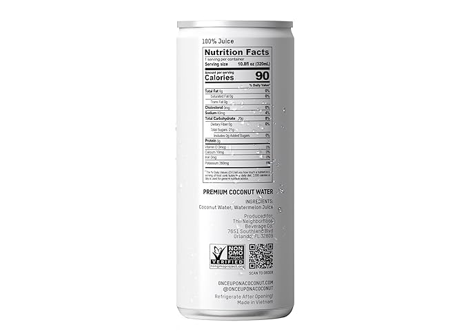 Once Upon a Coconut Premium Watermelon Coconut Water - Low Calorie All-Natural Drink with Electrolytes - Non-GMO - Gluten-Free - 10.8 Fl Oz (Pack of 12)