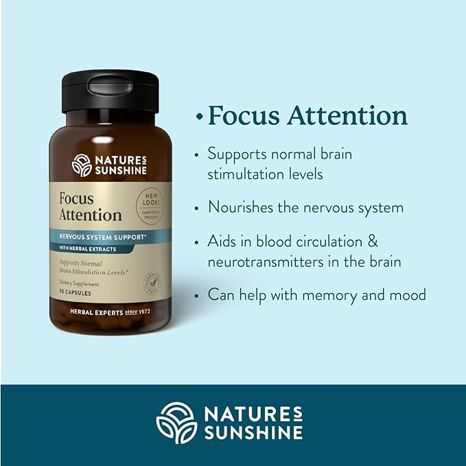 Nature's Sunshine Focus Attention 90 Capsules Provides Nutrients That Help Maintain Normal Brain-Stimulation Levels While Supporting Blood Circulation and Neurotransmitter Levels in The Brain