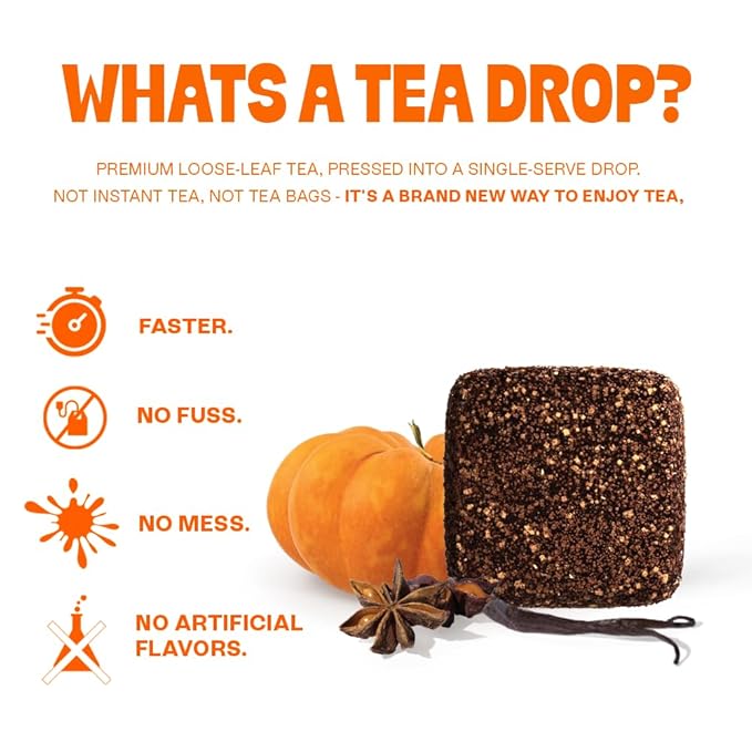 Tea Drops 30 Bulk Pack Organic Pumpkin Spice Bagless Tea - Loose Leaf Lightly Sweetened On-The-Go. Plastic-Free - Iced or Hot