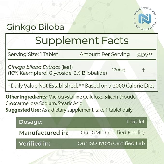 Nootropics Depot Ginkgo Biloba Extract Tablets | 120mg | 90 Count | Minimum 10% Kaempferol Glycoside + 2% Bilobalide | May Help Promote Cognitive &amp Cardiovascular Function