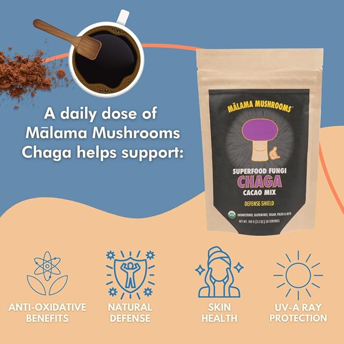 Malama Organic Mushroom Hot Cacao Mix Chaga Mushroom Powder with Fair Trade Cacao for Immune &amp Antioxidant Support – Vegan Supplement &amp Superfood Non GMO 3.5 oz (50 Servings)