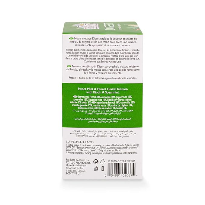 Ahmad Tea Herbal Tea Sweet Mint Fennel &amp Biotin 'Digest' Natural Benefits Teabags 20 ct (Pack of 6) - Decaffeinated &amp Sugar-Free