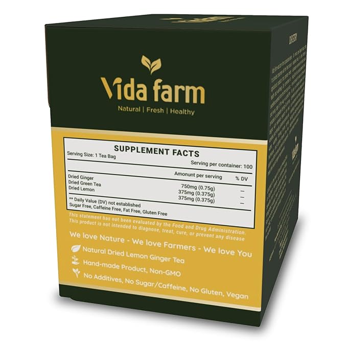VIDA FARM 100 Lemon Ginger Tea Bags 100% Natural Ingredients - Warming &amp Spicy Blend Caffeine Free Sugar Free Non-GMO Lemon &amp Ginger Herbal Tea Beverage