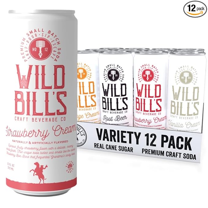 Wild Bill's Craft Soda Soft Drinks Cream Variety Pack Vanilla &amp Orange Cream Strawberry Root Beer Pure Cane Sugar Caffeine Free NO High Fructose Corn Syrup Gluten Free 12 Pack