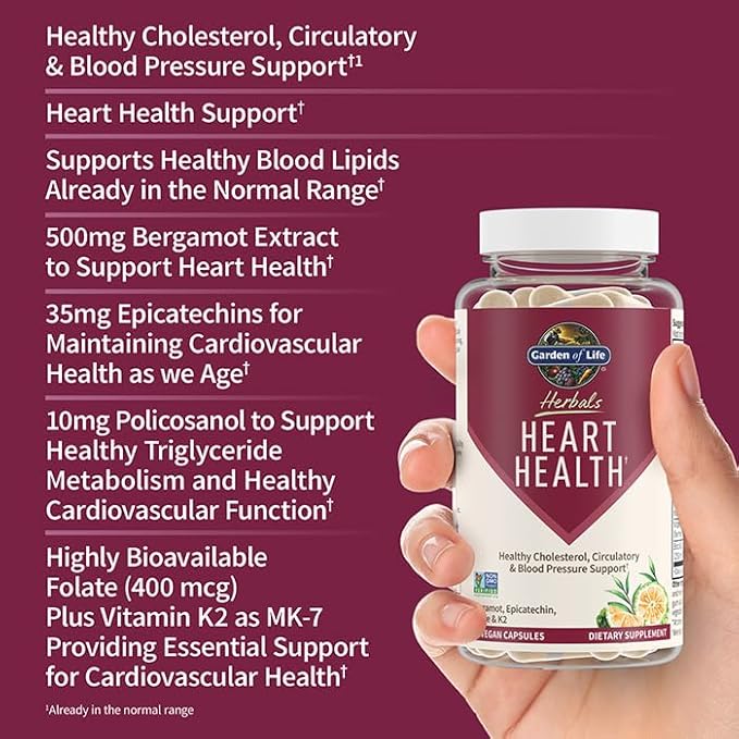 Garden of Life Herbals Heart Health Supplement with Folate Bergamot Green Tea &amp Vitamin E &amp K for Cholesterol Circulatory &amp Blood Pressure Support Non-GMO Gluten-Free Citrus Flavor