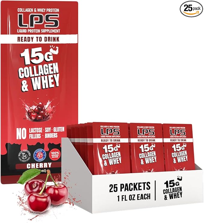 Nutritional Designs LPS Liquid Collagen &amp Whey Protein Supplement - Non-GMO Drink Sugar-Free - Promotes Healthy Skin &amp Hair for Men &amp Women Single Serve (Cherry 25 Packets)