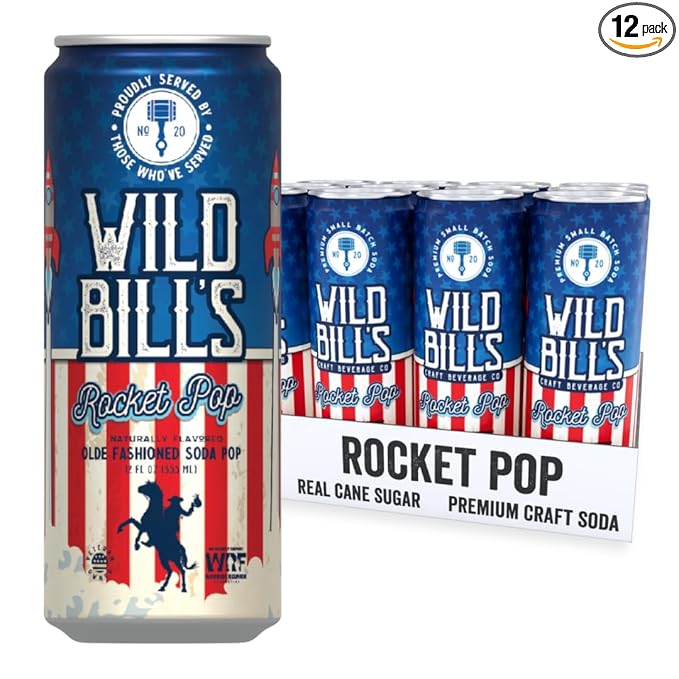 Wild Bill's Rocket Pop Soda Classic Craft Soda Pop Soft Drinks Sodas Made with Pure Cane Sugar Caffeine Free NO High Fructose Corn Syrup Gluten Free Vegan Low Sodium 12 Oz 12 Pack