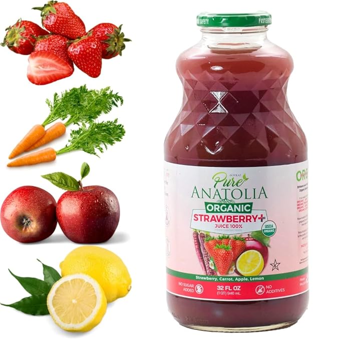 Organic Fruit Juices by Pure Anatolia • Pomegranate • Carrot Mix • Green Detox • Antioxidant • Tart Cherry • USDA Organic Gluten Free Vegan - 6 Glass Bottles of 32 fl oz. (Strawberry+)