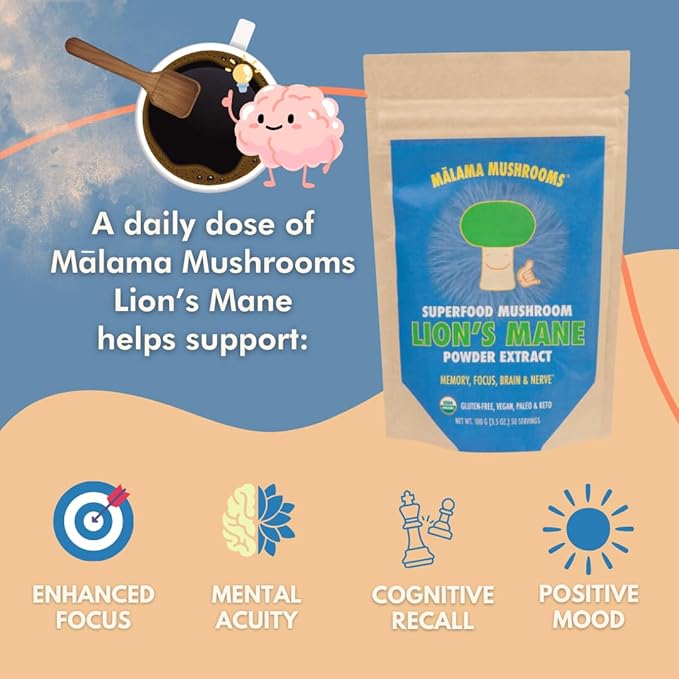 Lion's Mane Extract Powder by Malama Organic Fruiting Body Lions Mane Mushroom Powder Superfood Adaptogenic Supports Memory Focus Brain &amp Nerves