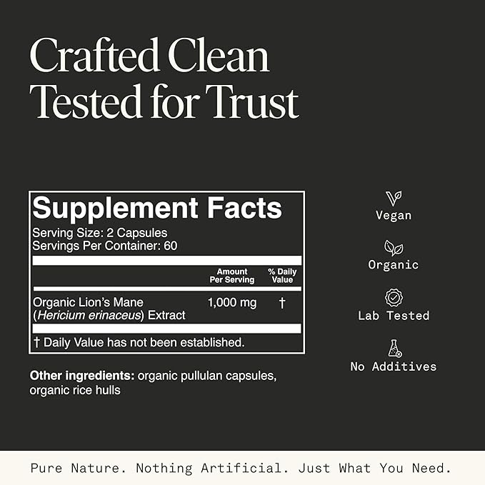 Fantastic Fungi Lions Mane Supplement Capsules - Lions Mane Mushroom Supplement for Focus Memory &amp Mood - Adaptogenic Functional Mushroom Extract USDA Organic Vegan 120 Capsules (2-Month Suppl