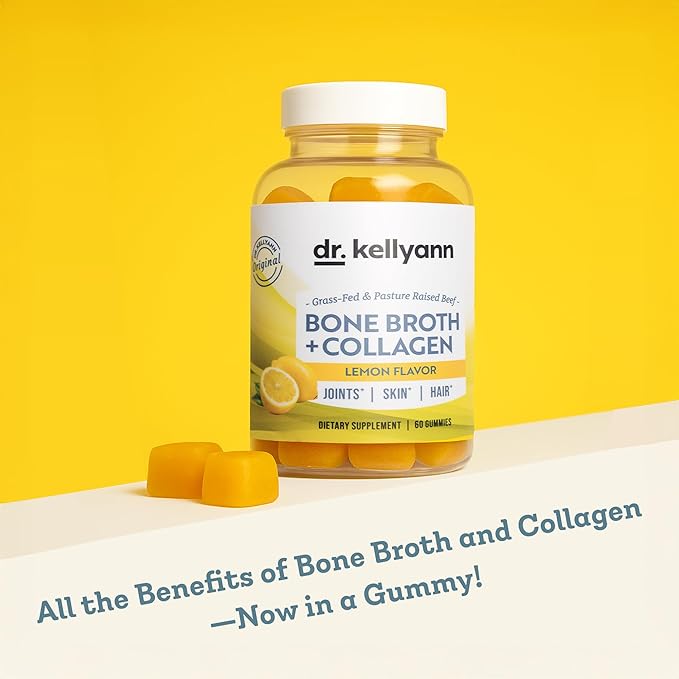 Dr. Kellyann Collagen + Bone Broth Gummies Lemon | Gut Skin Joint &amp Hair Support | Grass-Fed Beef | Non-GMO Dairy-Free Soy-Free | 60 Gummies