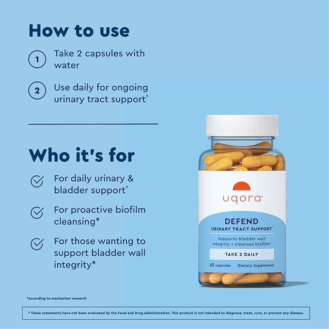 Uqora Defend - Urinary Tract Health Supplement - Support Bladder Health &amp Cleanse Biofilm with D-Mannose Green Tea Extract Turmeric Extract &amp More - Gluten-Free- 120 Capsules- 2 Pack