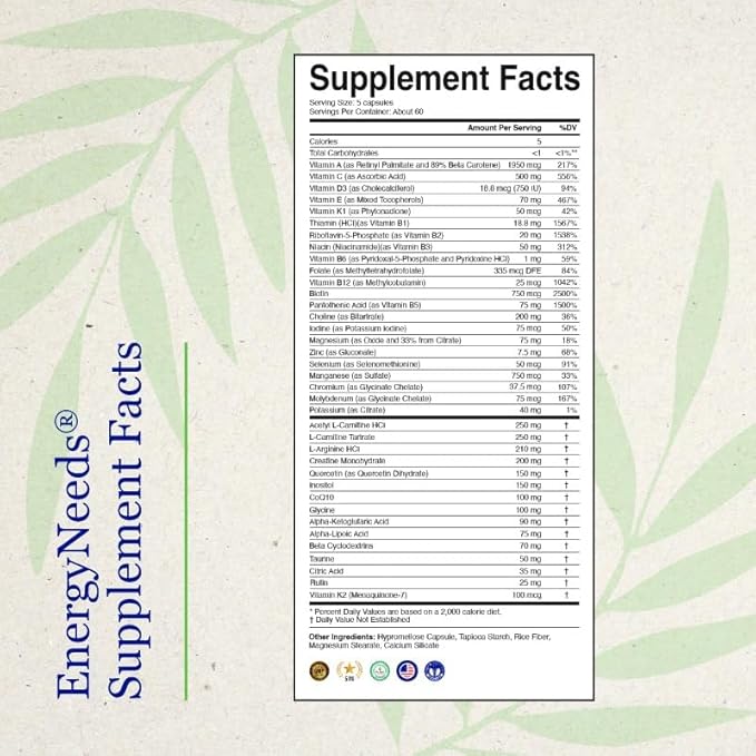 EnergyNeeds® 40 Active Ingredients Vitamin D Vitamin B12 zinc beta-Carotene