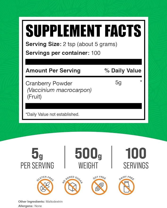 BulkSupplements.com Cranberry Powder - Cranberry Supplements for Women &amp Men Air Dried Cranberries - Unsweetened &amp Gluten Free 5g per Serving 500g (1.1 lbs) (Pack of 1)
