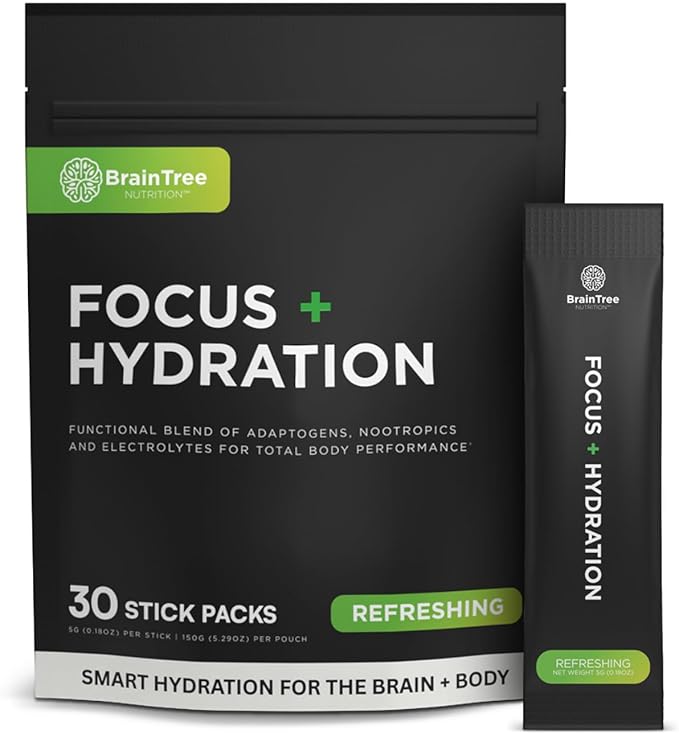 BrainTree Nutrition - Focus + Hydration - Electrolyte Drink Mix - Total Body Hydration - Supports Cognitive Function Energy &amp Muscle Recovery - Sugar Free - Refreshing - 30 Stick Packs
