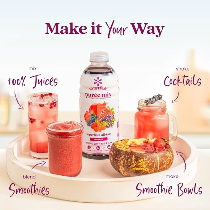 Smartfruit Superfruit All-Stars + Energy – 100% Real Fruit Purée with Blueberry Pomegranate Acai &amp Goji Berries – Great for Smoothies Juice Yogurt Cocktails Teas &amp More – 48oz