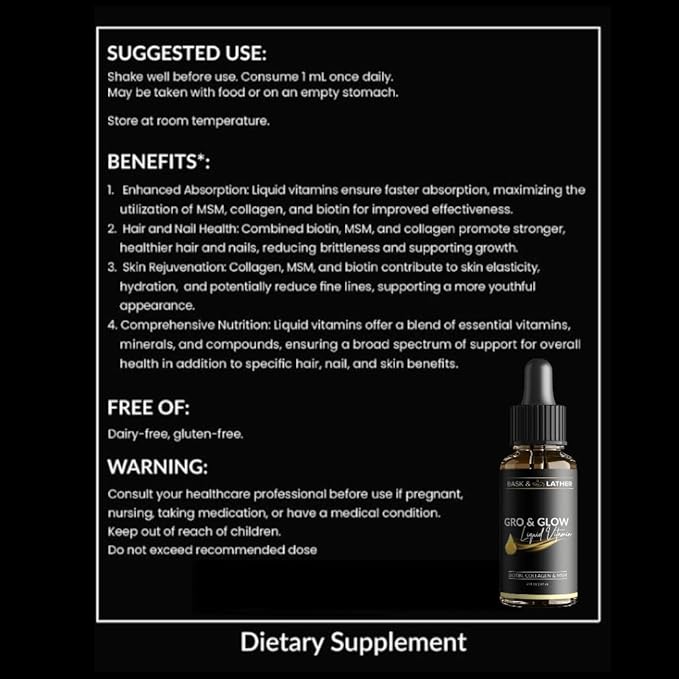 BASK &amp LATHER GRO &amp Glow Liquid Vitamin Liquid Collagen for Women Natural Ingredients with Collagen Biotin Msm Beauty Supplement Helps Support Healthy Hair Skin &amp Nails Cherry Flav