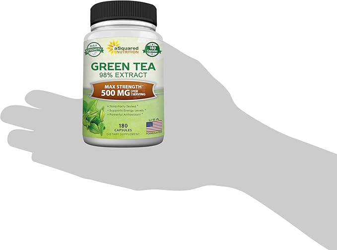 aSquared Nutrition Green Tea Extract with EGCG – 180 Capsules – 500mg per Capsule – 75% Polyphenols 45% EGCG – Antioxidant Support Heart Health Natural Detox – Low Caffeine Supplement