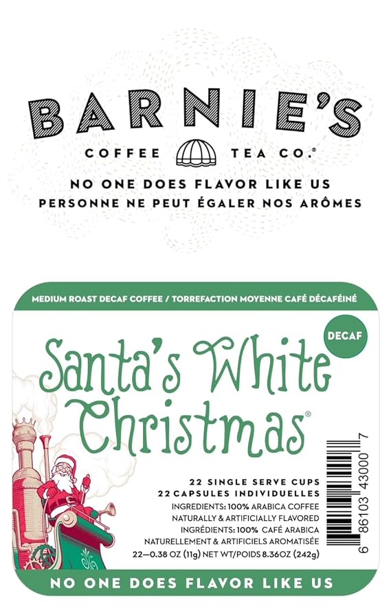 BARNIE'S COFFEE TEA CO. Single Serve K cups for Keurig Brewers Medium Roast Arabica Coffe Beans Decaf Santa's White Christmas 22 Count (Pack of 4)