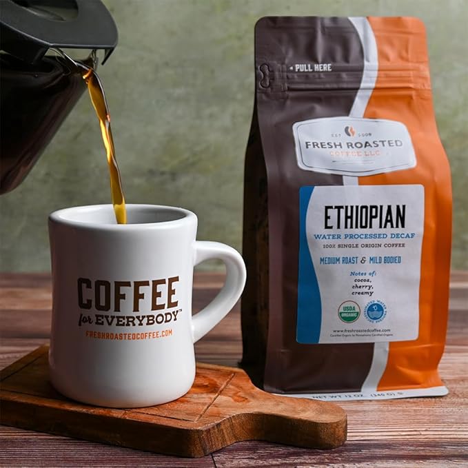 Fresh Roasted Coffee Organic Ethiopian Sidamo Water-Processed Decaf | USDA Organic 100% Single Origin Kosher | Medium Roast 12 oz Whole Bean
