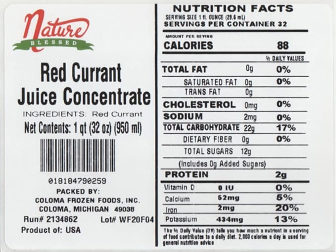 Nature Blessed 100% Pure Red Currant Concentrate - 1 Quart (1/32 fl oz bottle) Applications: Home Wine Making Brewing Distilling Smoothies Jelly