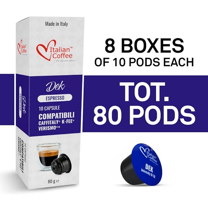ITALIAN COFFEE FOR ESPRESSO LOVERS Italian Coffee Decaffeinated Espresso capsules compatible with Starbucks Verismo CBTL Caffitaly K-fee systems DEK (80 pods DEK DECAF blend)