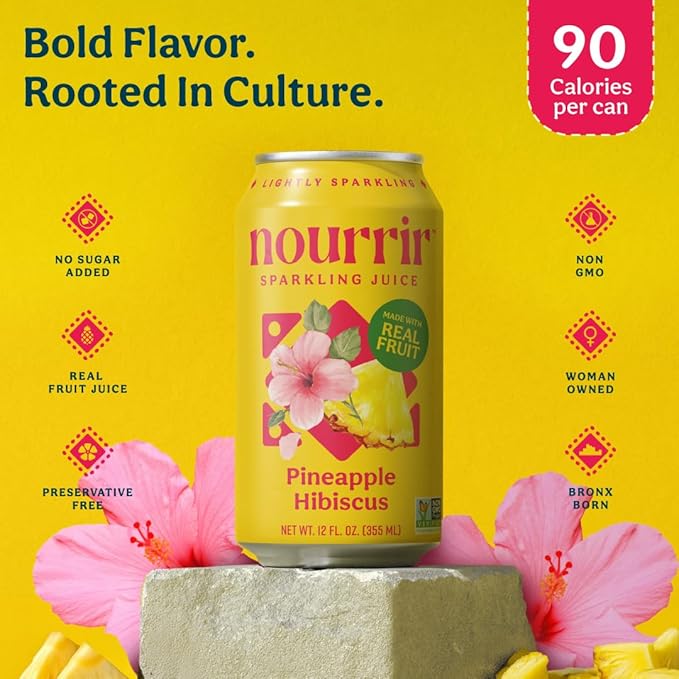 Nourrir Sparkling Pineapple Hibiscus Juice Real Fruit Tropical &amp Floral Fusion Non-GMO Gluten-Free Non-Alcoholic 90 cals 0g Added Sugar 12 cans (12-Pack)
