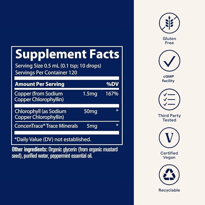 Trace Minerals Concentrated Ionic Chlorophyll – Liquid Chlorophyll Supplement for Cell Health Digestive &amp Energy Support – Immune Support – Gluten-Free Vegan Natural Mint – 2 fl oz (120 Serving