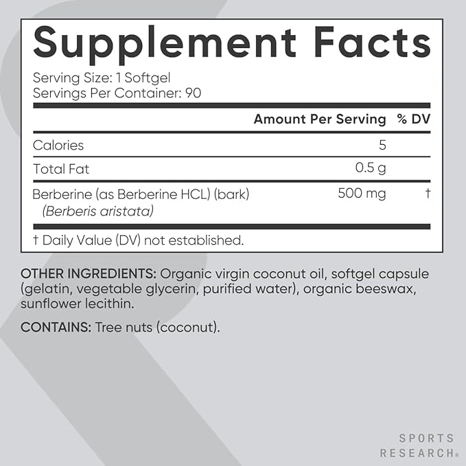 Sports Research Berberine Supplement with Coconut Oil - Herbal &amp Ayurvedic Metabolic Health Support - Berberine 500mg 90 Softgels - Gluten-Free Non-GMO Berberine Powder