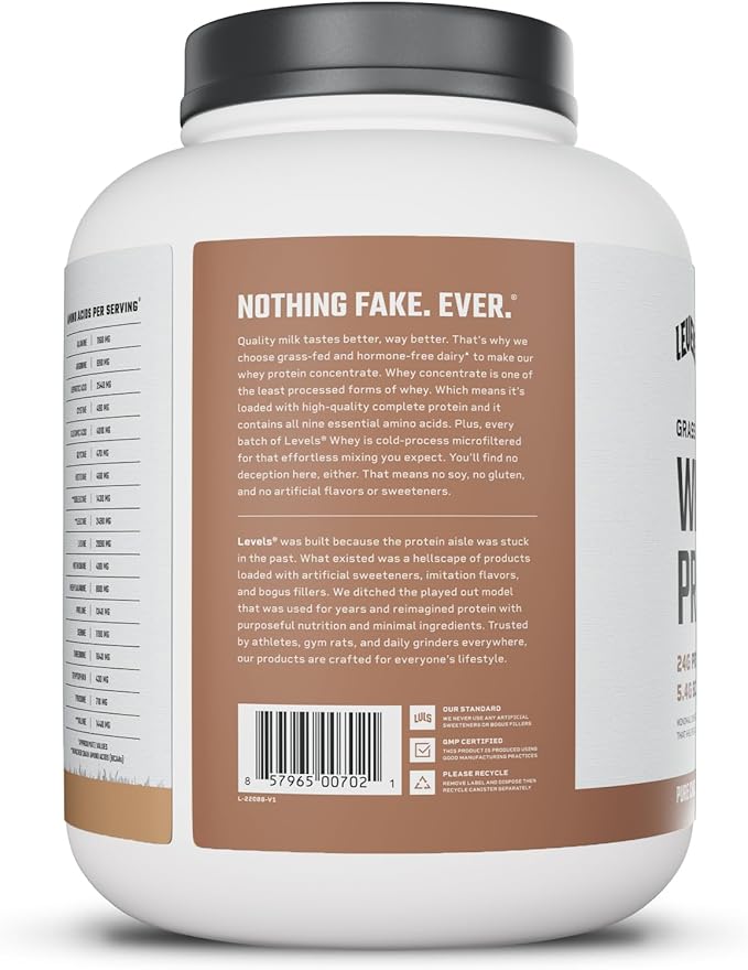 Levels Grass Fed Whey Protein Powder No Artificials 24G of Protein Pure Chocolate 5LB