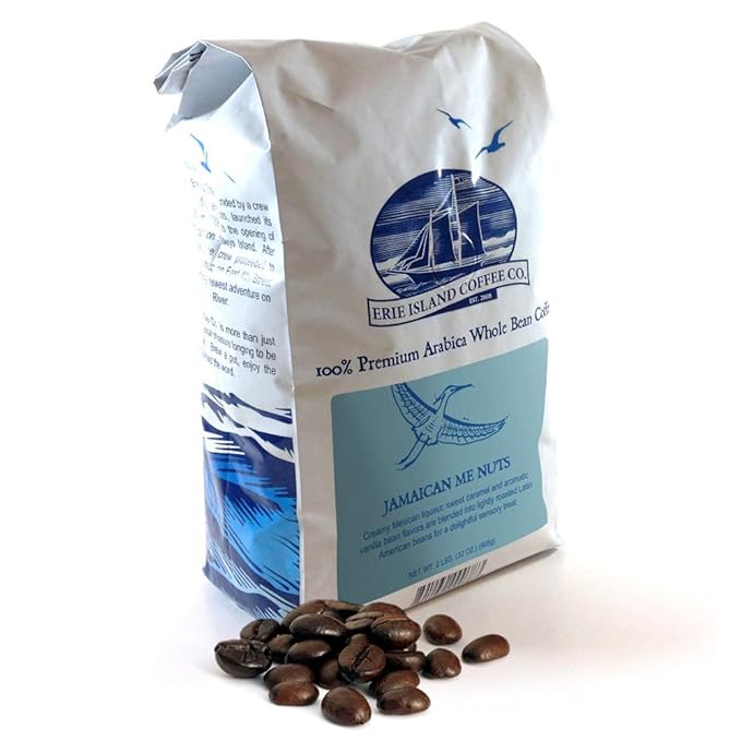 Erie Island Coffee Whole Bean Jamaican Me Nuts Light Roast 2 LB. Bag Flavored Coffee Blended with Mexican liqueur Caramel and Vanilla Bean Flavors