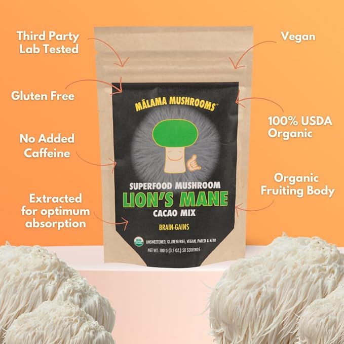 Malama Organic Mushroom Hot Cacao Mix Lion's Mane Mushroom Powder with Fair Trade Cacao for Focus Memory &amp Immune Support – Vegan Superfood Non GMO 3.5 oz (50 Servings)