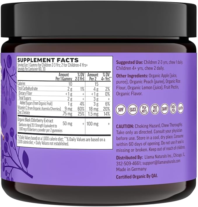 Llama Naturals Elderberry Gummies for Kids Vegan Organic Immune Support Supplement with Vitamin C and Zinc Toddler Real Fruit Gummy Vitamins for Immunity Chewable No Added Sugar Cane 60 Ct