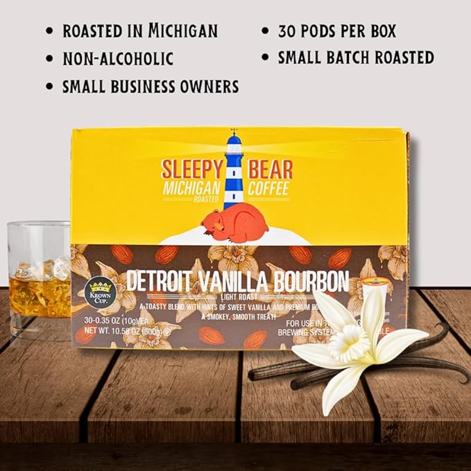 Sleepy Bear Coffee Pods Medium Roast Arabica Rich Flavor Michigan-Made Smooth &amp Sweet No Sugar Added 30ct Pods Compatible with Single-Serve Brewers (Detroit Bourbon Vanilla)
