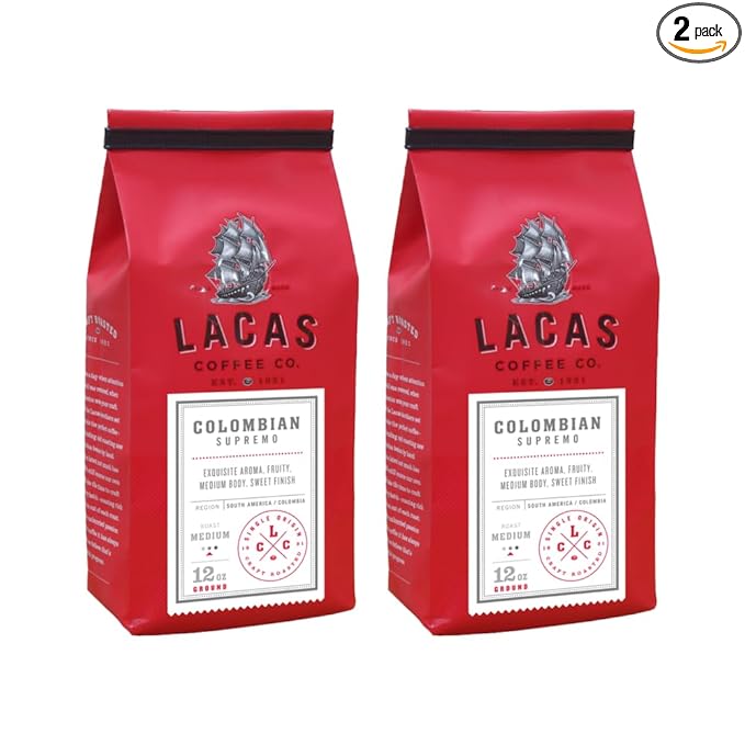 Lacas Coffee Company Medium Fine Ground Coffee 12oz Bag (2 bags Colombian Supremo)