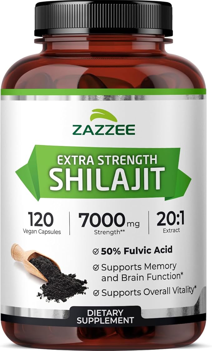 Zazzee 100% Pure Himalayan Shilajit 20:1 Extract 50% Fulvic Acid 120 Vegan Capsules 4 Month Supply Rich in Trace Mineral 20X Potency Energy &amp Vitality Support Non-GMO Made in the USA
