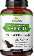 Zazzee 100% Pure Himalayan Shilajit 20:1 Extract 50% Fulvic Acid 120 Vegan Capsules 4 Month Supply Rich in Trace Mineral 20X Potency Energy &amp Vitality Support Non-GMO Made in the USA