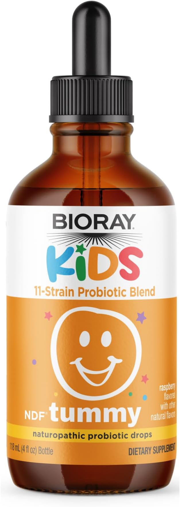 BIORAY Kids NDF Tummy Raspberry - 4 fl oz (120 mL) - 11-Strain Probiotic Blend - Supports the Immune Response in the GI Tract - Non-GMO Vegan Gluten Free - Approx. 120 Servings