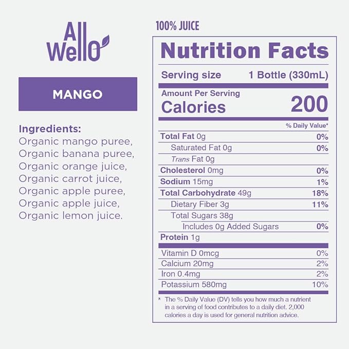 AllWellO Organic Cold Pressed Juice Drinks with Real Fruits and Vegetables Gluten Free Non-GMO Healthy Juices No Preservatives No Sugar Added (Mango Power 12 Pack)