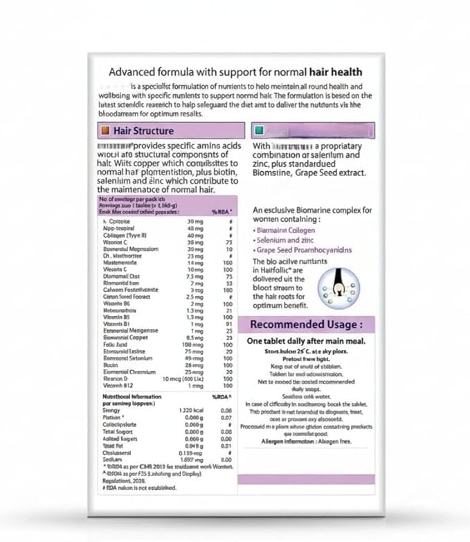 Hair supplements with Advanced Hair Nutrition formula for Women with Biomarine collagen complexBiotin &amp Zinc that support hair growth &amp maintain healthy hair| 30 Nonveg tablet