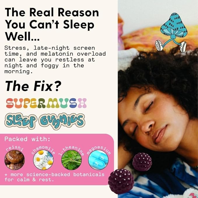 SuperMush Sleep Gummies for Adults - Mushroom Supplement with Magnesium Citrate L-Theanine Chaga Reishi &amp Chamomile for Deep Sleep REM &amp Detox - Vegan &amp Sugar-Free - 28 Gummies (14 Ser