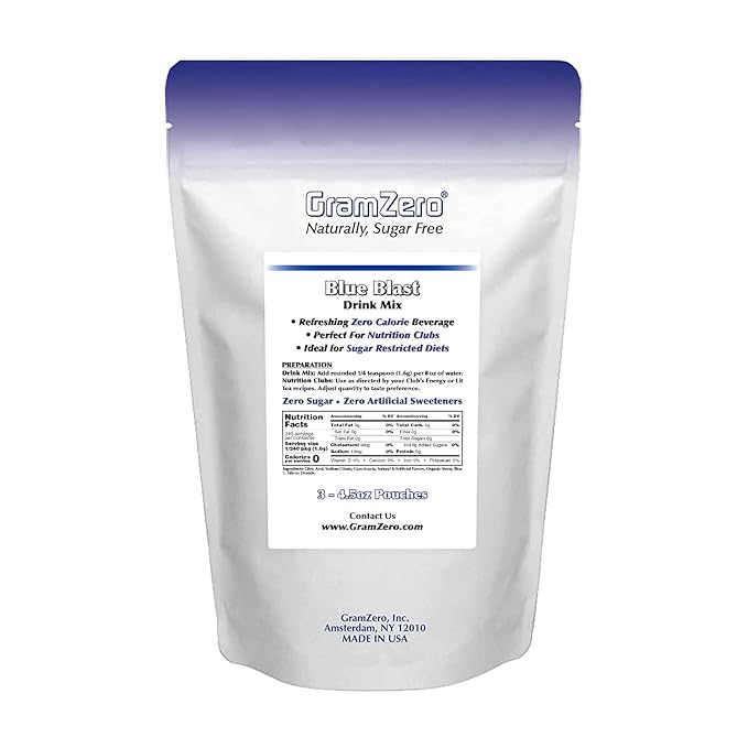 GramZero Blue Blast Zero Calorie Sugar Free Drink Mix Great For Nutrition Club Loaded Teas Stevia Sweetened