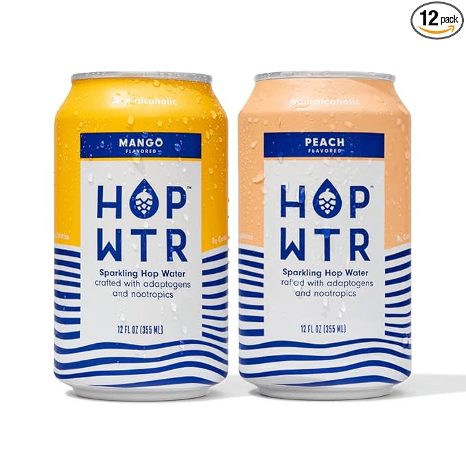 HOP WTR Sparkling Hop Water Peach 6 Pack Mango 6 Pack Sugar Free Low Carb Non Alcoholic Drinks NA Beer Adaptogen Drink No Calories Adaptogens &amp Nootropics for Added Benefits 12 oz Cans