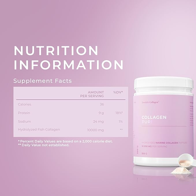 Swedish Collagen - Hydrolyzed Marine Collagen 10000 mg Powder Supplement - Pack of 300 g 30 Day Supply | Pure Peptide for Healthy Hair Skin Nails &amp Joints I 100% Natural &amp Gluten Free | Su
